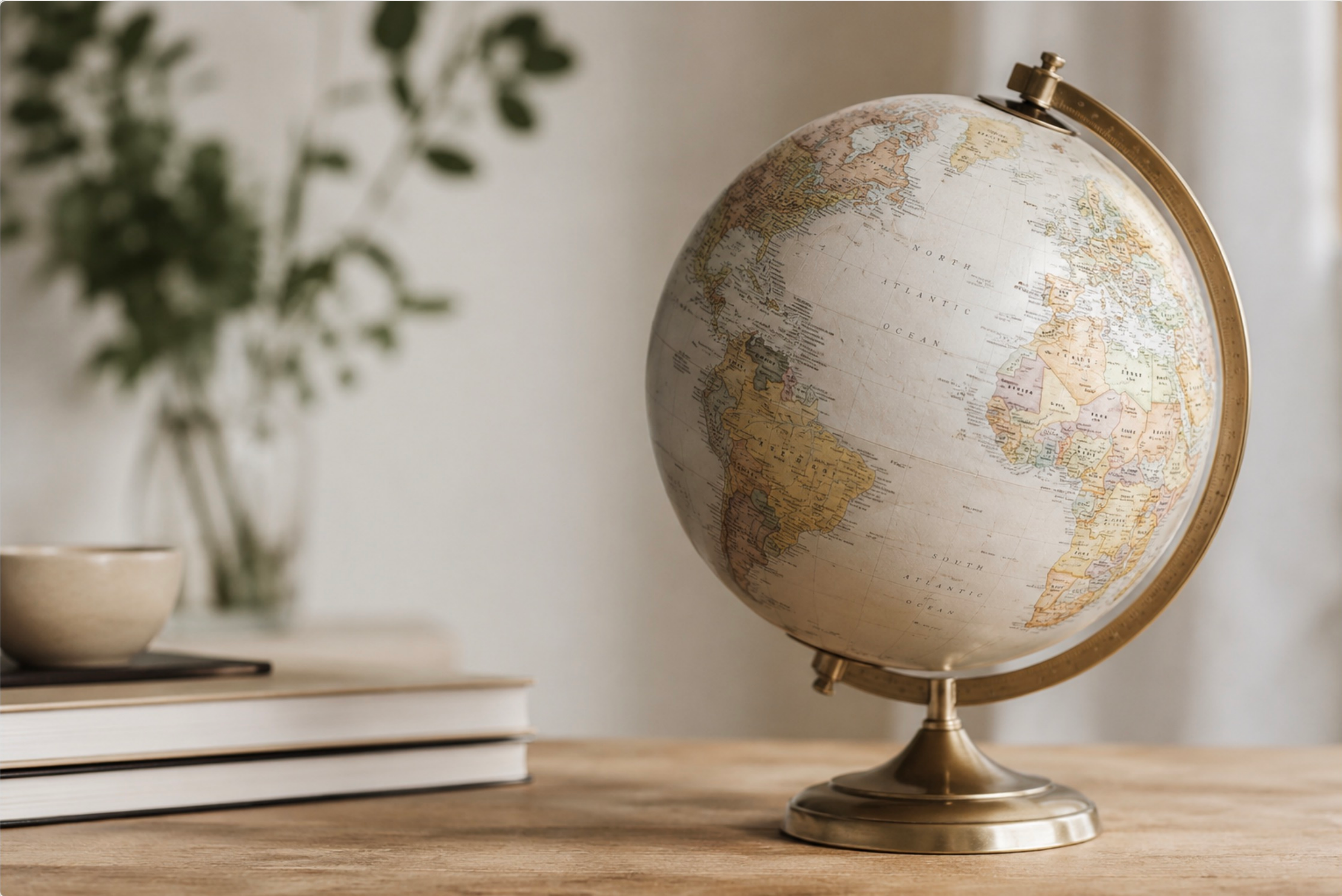 Vintage desk globe on a wooden table